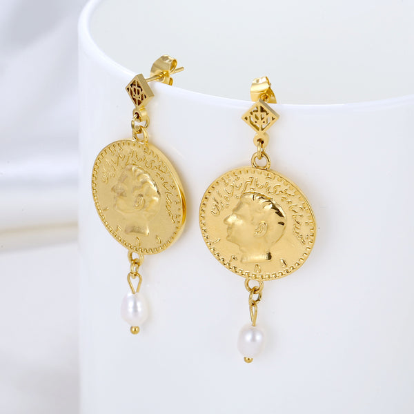 Pahlavi Coin with Pearl Earrings - OMID