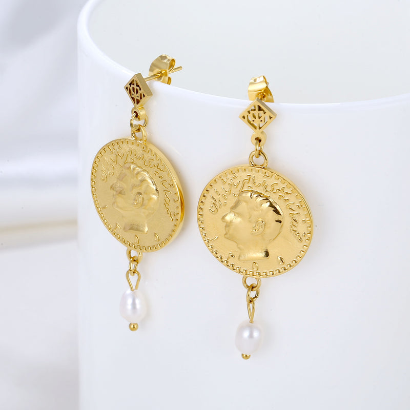 Pahlavi Coin with Pearl Earrings - OMID